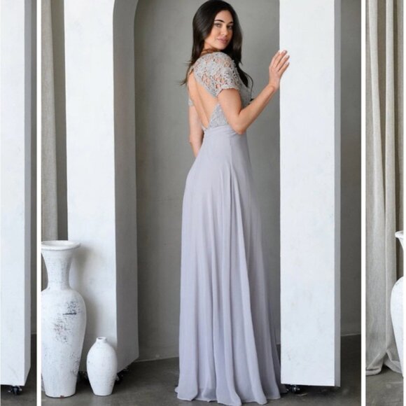 Maniju Lulus Savannah Days Short Sleeve Open Back Gown Maxi Dress Grey Gray New - Picture 9 of 16